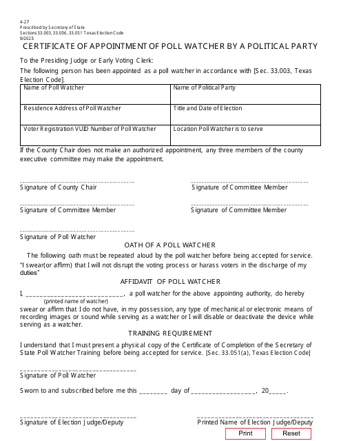 Form 4-27 Certificate of Appointment of Poll Watcher by a Political Party - Texas