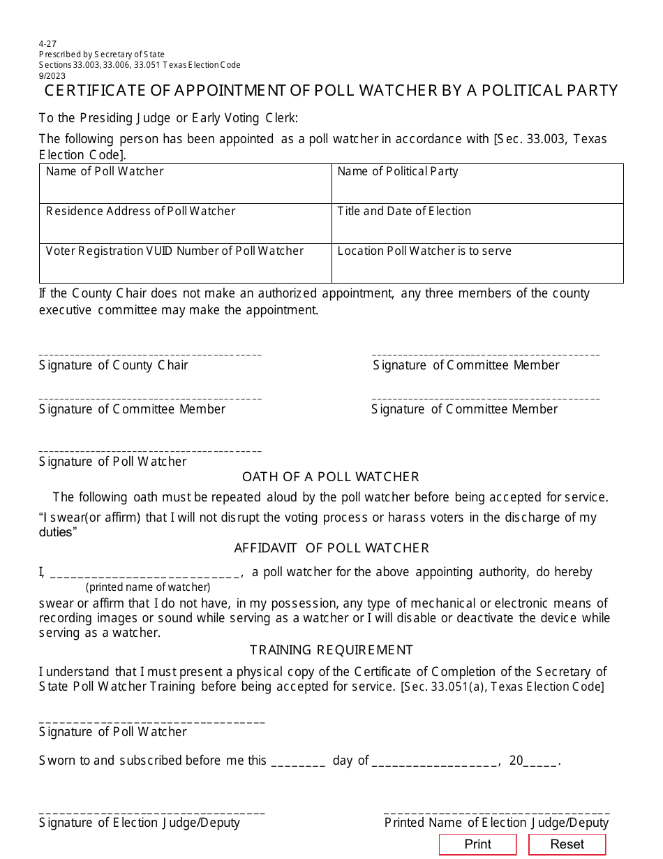 Form 4-27 Certificate of Appointment of Poll Watcher by a Political Party - Texas, Page 1