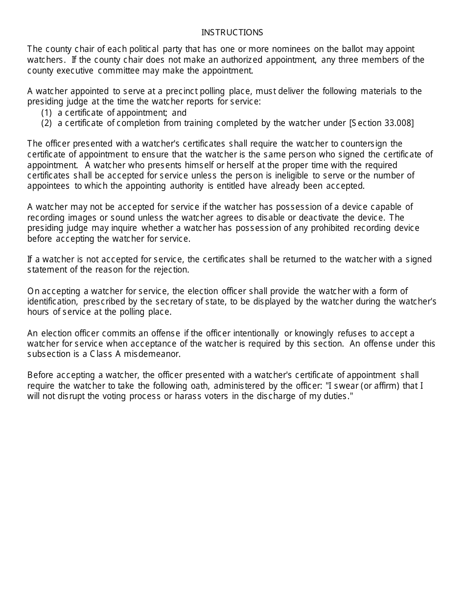 Form 4-27 Certificate of Appointment of Poll Watcher by a Political Party - Texas, Page 2