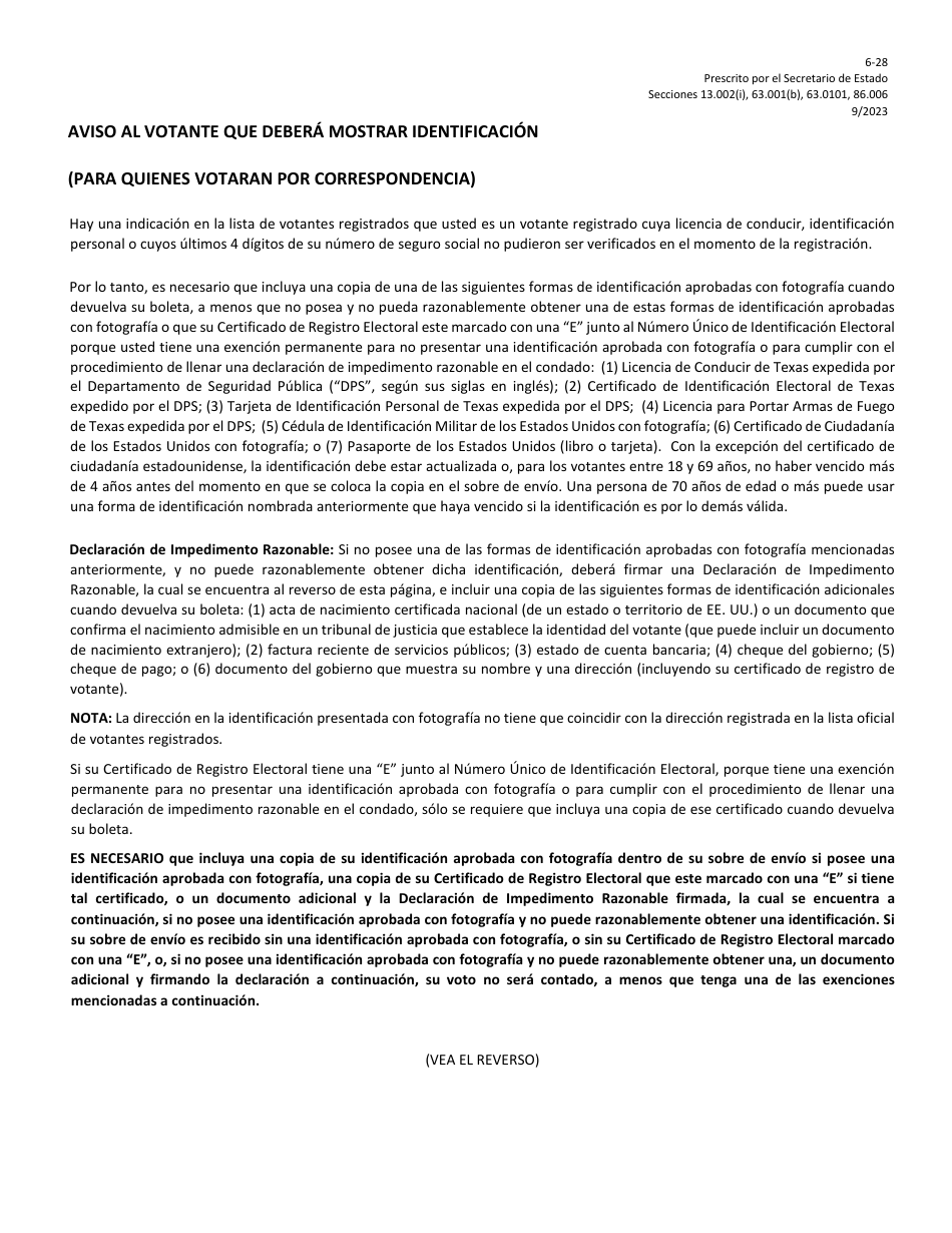 Formulario 6-28 Viso Al Votante Que Debera Mostrar Identificacion (Para Quienes Votaran Por Correspondencia) - Texas (Spanish), Page 1