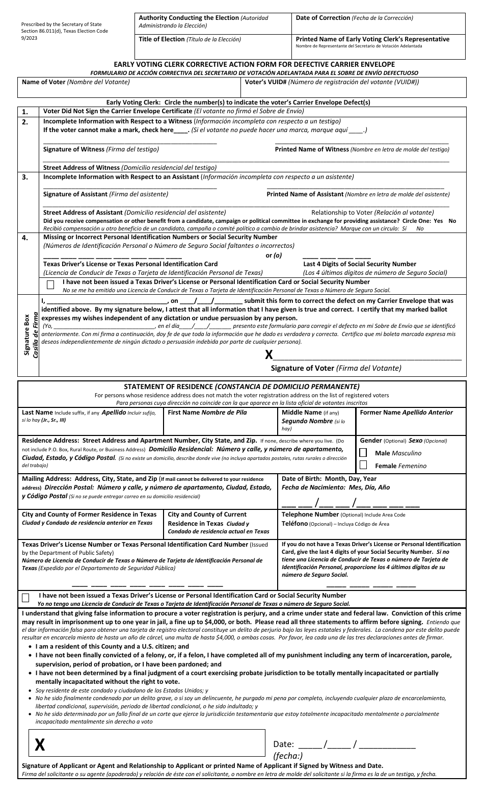 Form 6-14 Notice of Carrier Defect Issued by the Early Voting Clerk - Defective Carrier Envelope Returned to the Voter by Mail - Texas (English / Spanish), Page 2