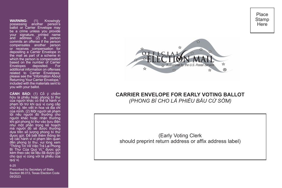 Form 6-25 Carrier Envelope for Early Voting Ballot - Texas (Vietnamese), Page 1