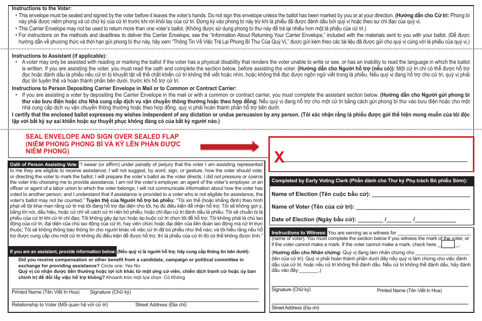 Form 6-25 Carrier Envelope for Early Voting Ballot - Texas (Vietnamese), Page 2