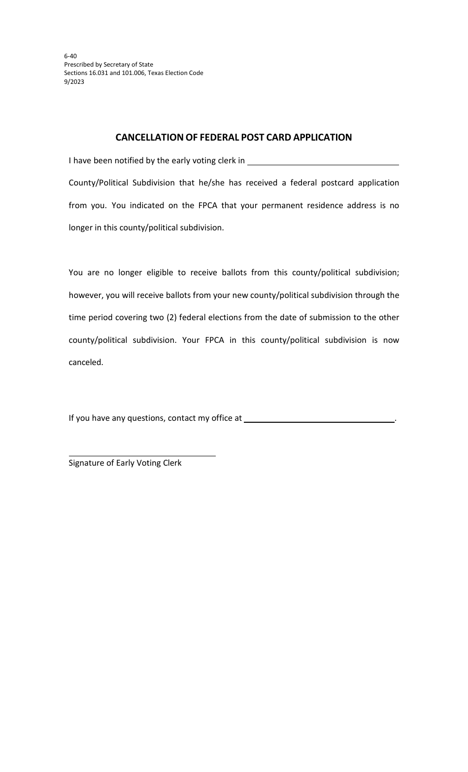 Form 6-40 Cancellation of Federal Post Card Application - Texas, Page 1