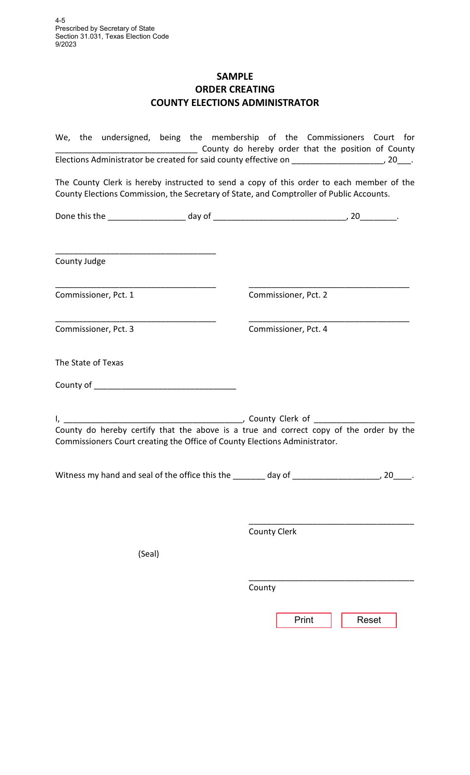Form 4-5 Order Creating County Elections Administrator - Sample - Texas, Page 1