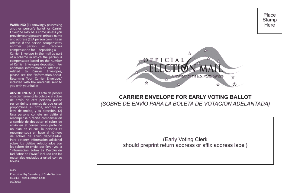 Form 6-25 Carrier Envelope for Early Voting Ballot - Texas (English/Spanish)