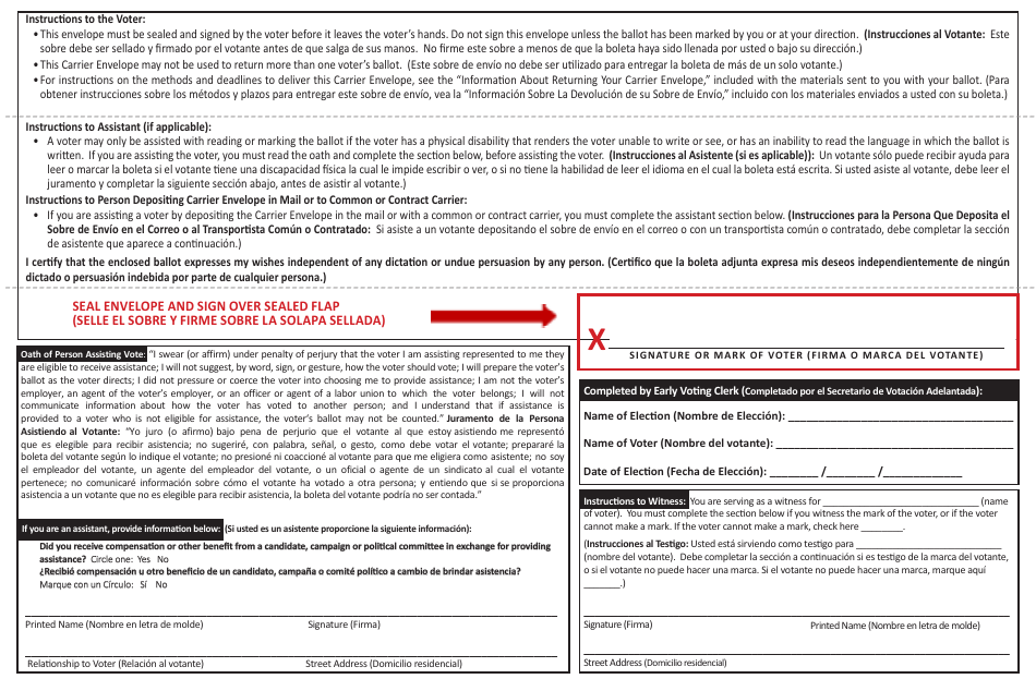 Form 6-25 Carrier Envelope for Early Voting Ballot - Texas (English / Spanish), Page 2