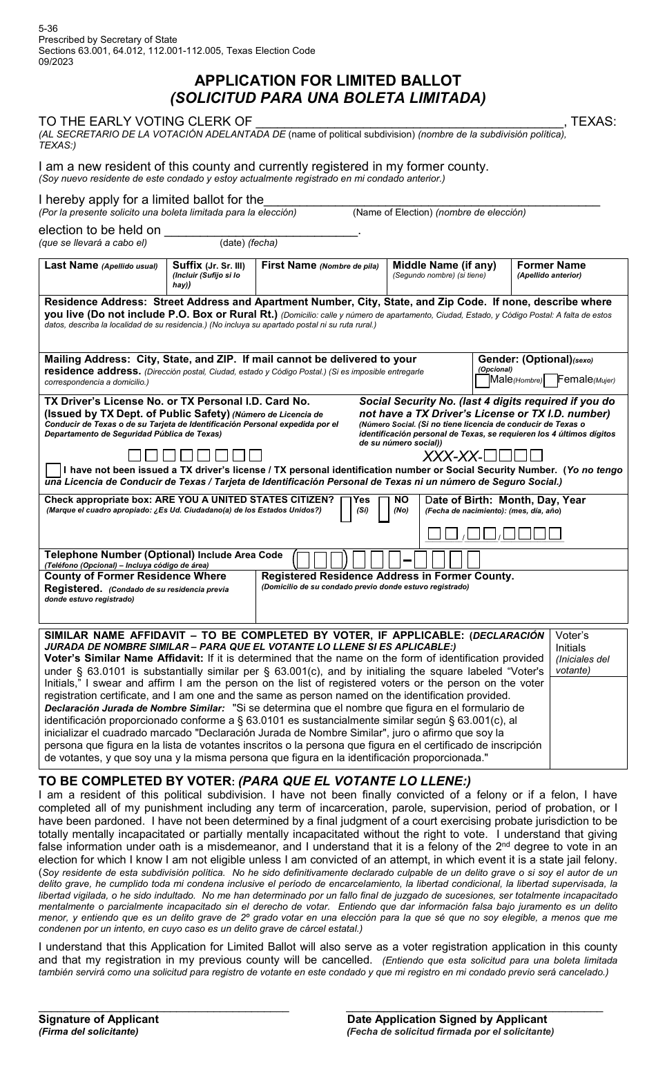 Form 5-36 Application for Limited Ballot - Texas (English / Spanish), Page 1