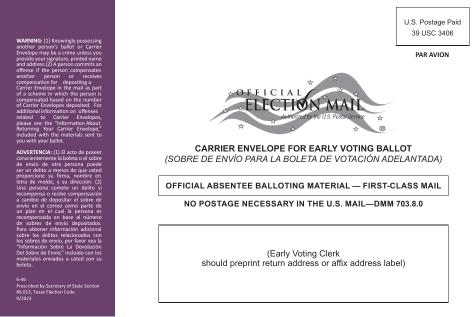 Form 6-46 Carrier Envelope for Early Voting Ballot - Texas (English / Spanish), Page 1