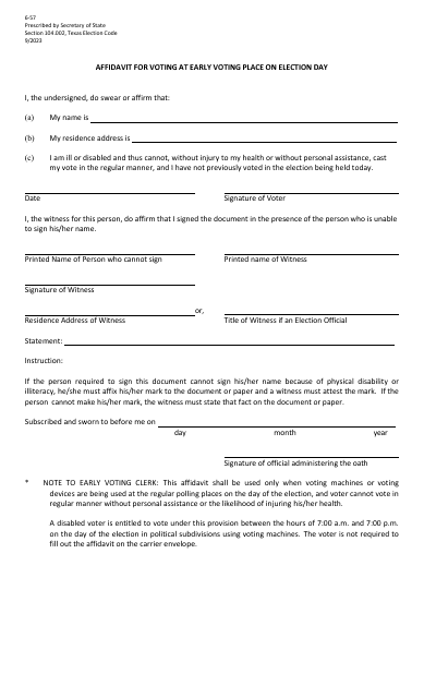 Form 6-57 Affidavit for Voting at Early Voting Place on Election Day - Texas (English/Spanish)