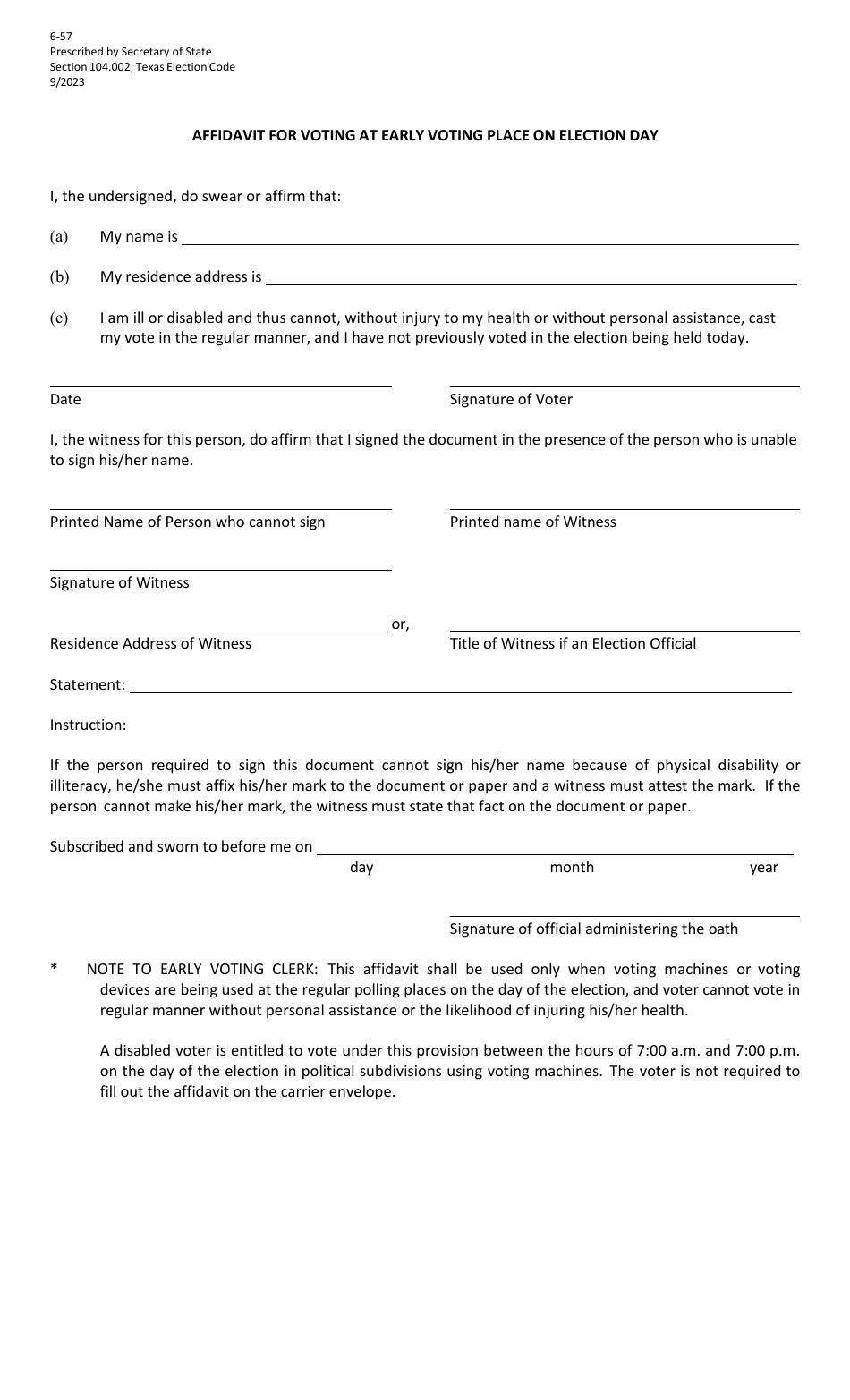 Form 6-57 Affidavit for Voting at Early Voting Place on Election Day - Texas (English / Spanish), Page 1