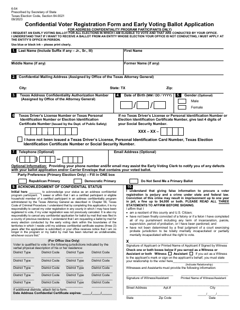 Form 6-54 Confidential Voter Registration Form and Early Voting Ballot Application - Texas