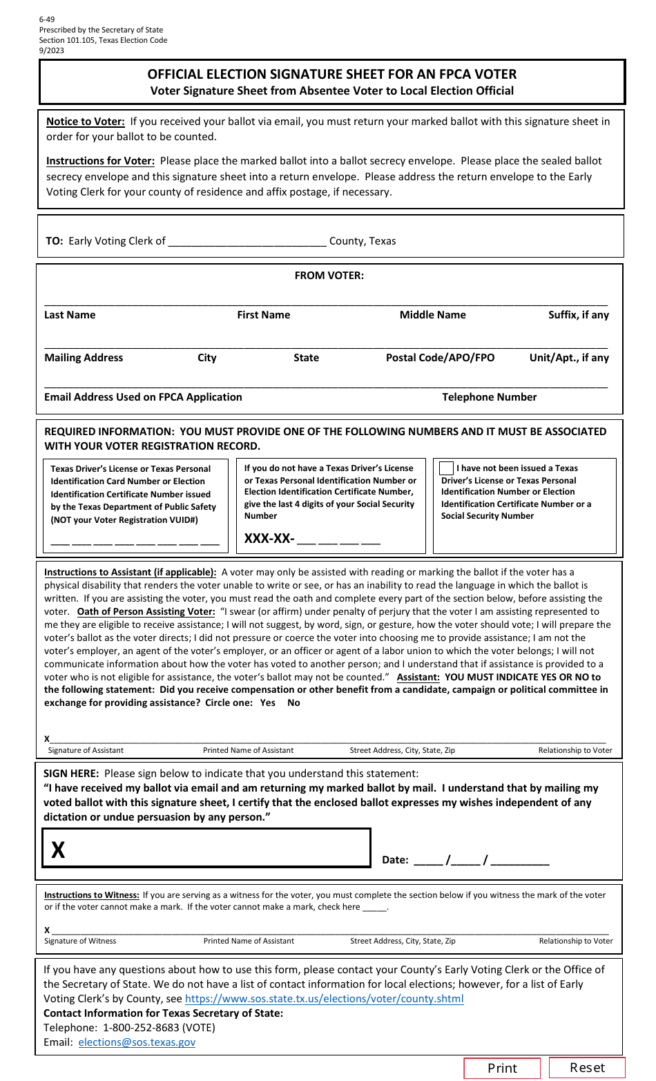 Form 6-49 Official Election Signature Sheet for an Fpca Voter - Texas (English / Spanish), Page 1