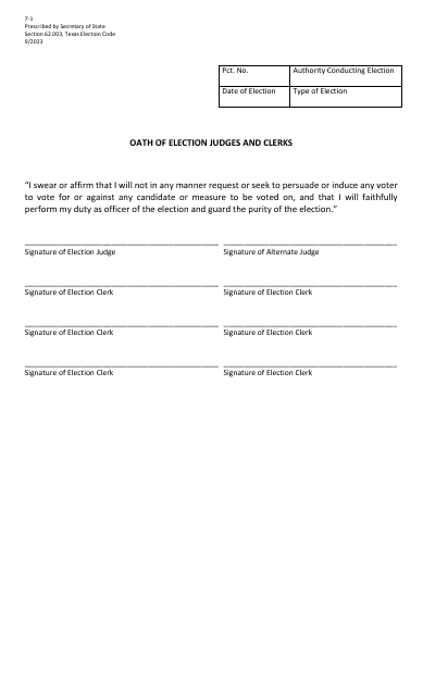 Form 7-1 Oath of Election Judges and Clerks - Texas