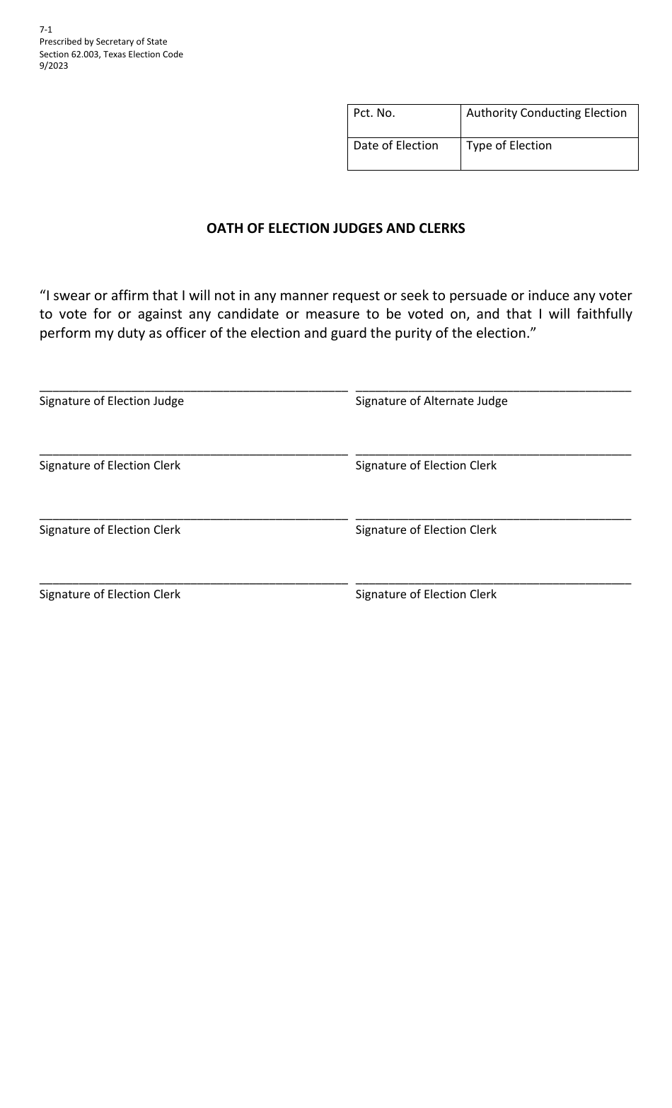Form 7-1 Oath of Election Judges and Clerks - Texas, Page 1