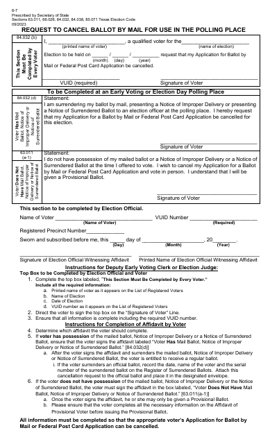 Form 6-7 Request to Cancel Ballot by Mail for Use in the Polling Place - Texas