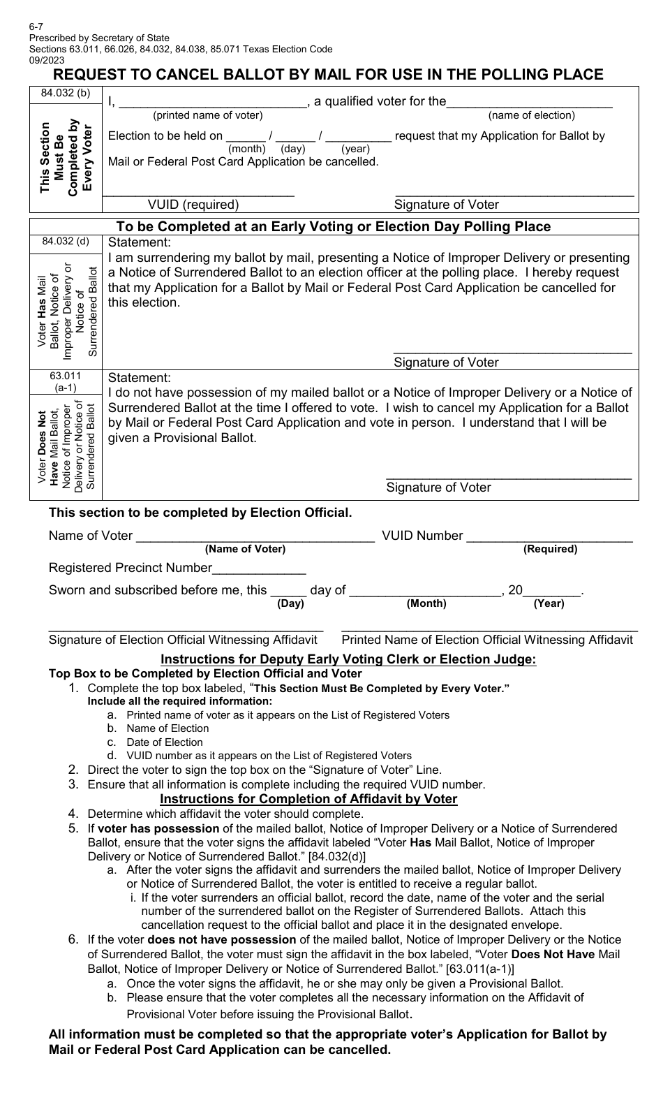 Form 6-7 Request to Cancel Ballot by Mail for Use in the Polling Place - Texas, Page 1