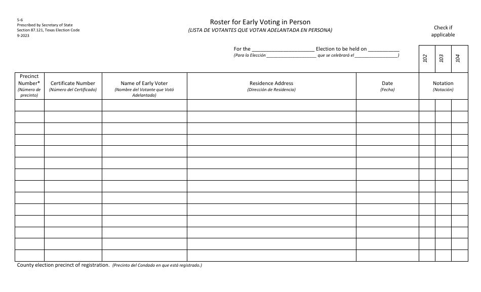 Form 5-6 Roster for Early Voting in Person - Texas, Page 1
