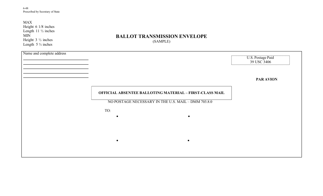 Form 6-48 Ballot Transmission Envelope - Texas