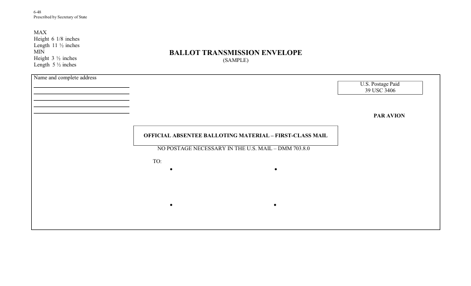 Form 6-48 Ballot Transmission Envelope - Texas, Page 1