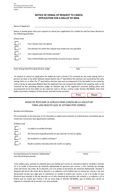 Form 6-9 Notice of Denial of Request to Cancel Application for a Ballot by Mail - Texas (English/Spanish)