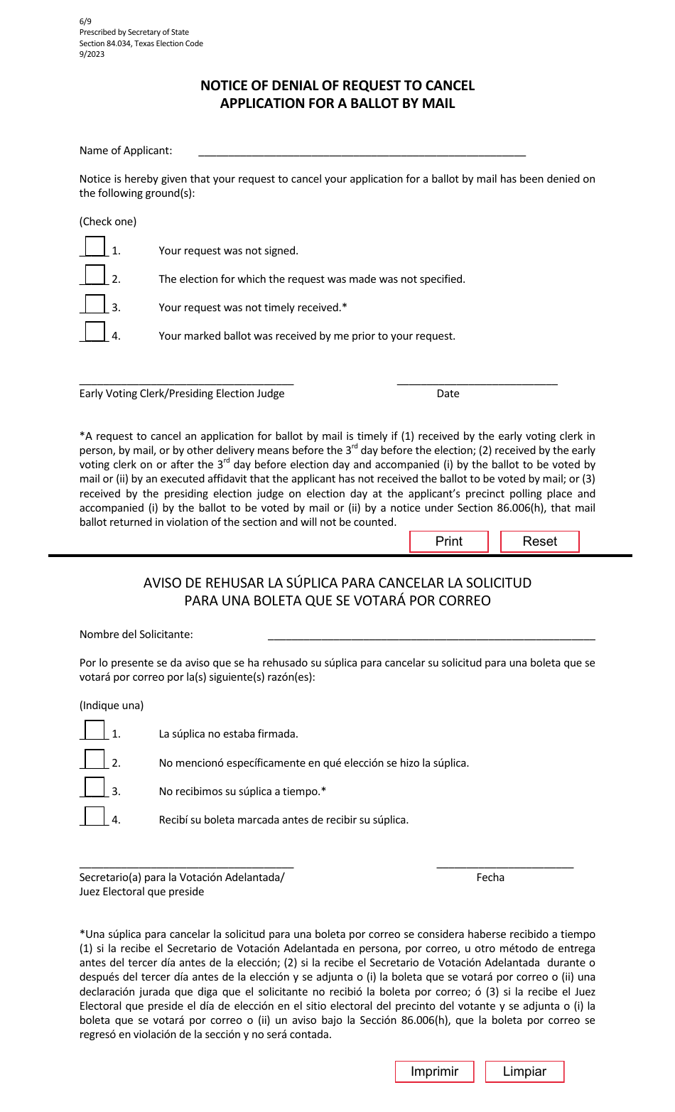 Form 6-9 Notice of Denial of Request to Cancel Application for a Ballot by Mail - Texas (English / Spanish), Page 1