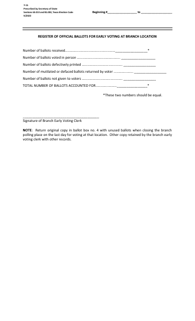 Form 7-15 Register of Official Ballots for Early Voting at Branch Location - Texas