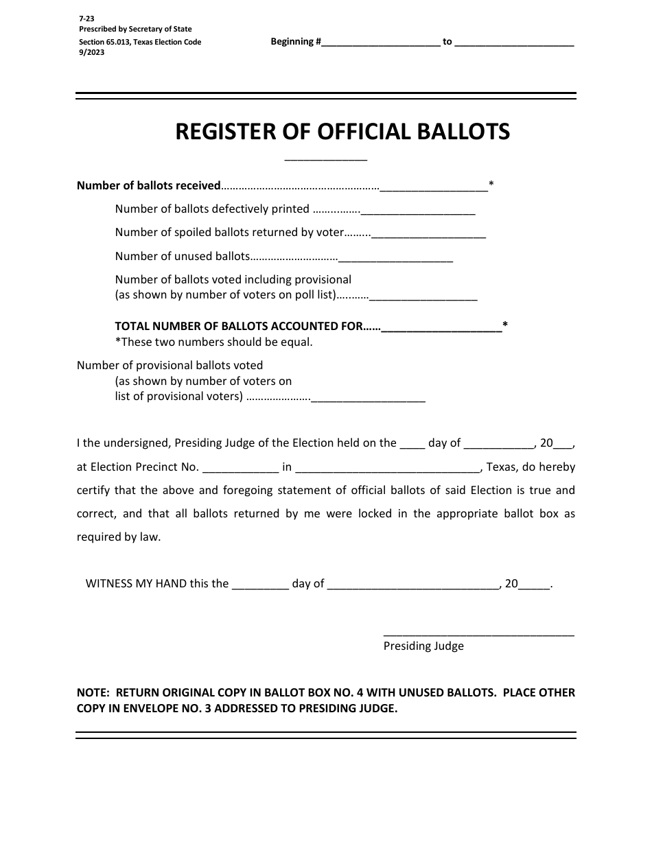 Form 7-23 Register of Official Ballots - Texas, Page 1