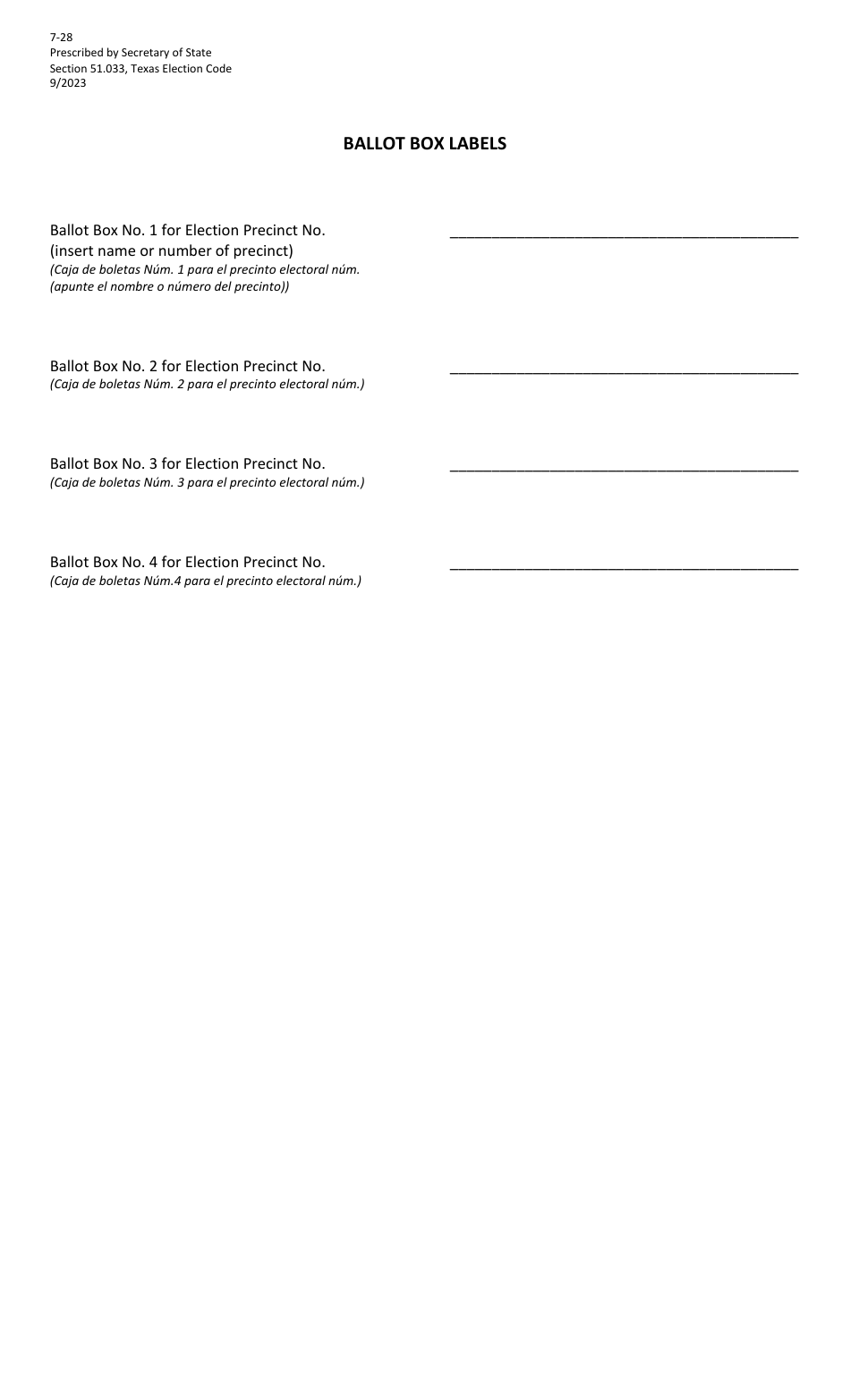 Form 7-28 Ballot Box Labels - Texas, Page 1