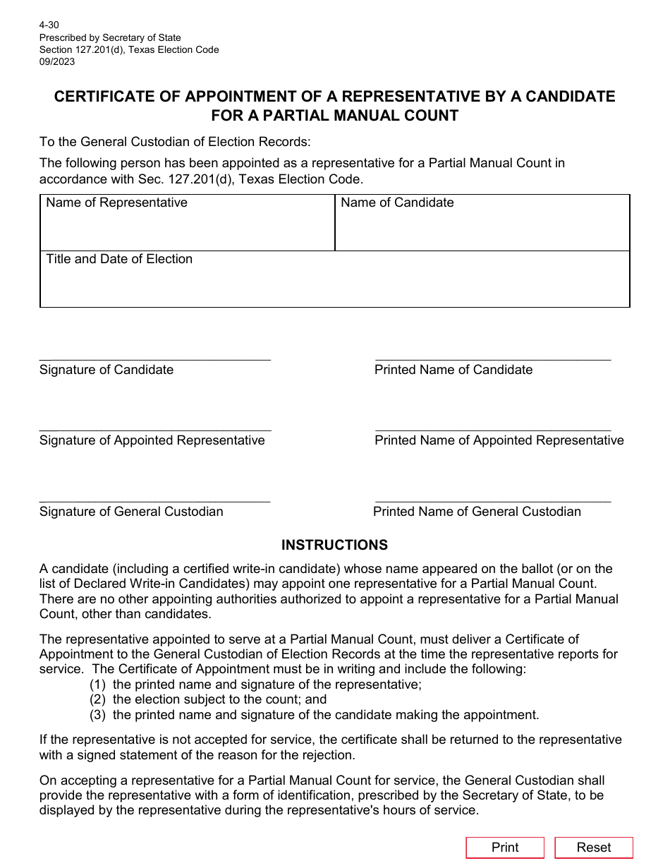 Form 4-30 Certificate of Appointment of a Representative by a Candidate for a Partial Manual Count - Texas, Page 1