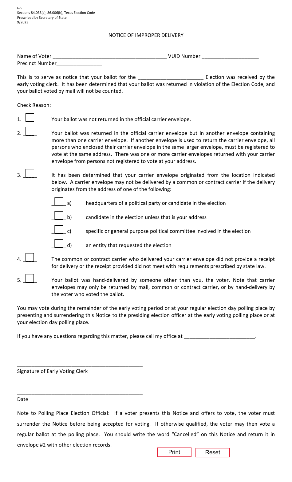 Form 6-5 Notice of Improper Delivery - Texas (English / Spanish), Page 1