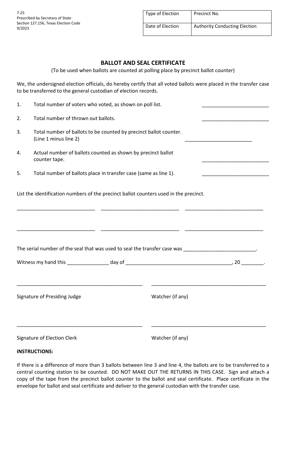 Form 7-25 Ballot and Seal Certificate - Texas, Page 1