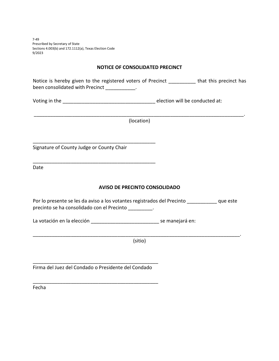 Form 7-49 Notice of Consolidated Precinct - Texas (English / Spanish), Page 1