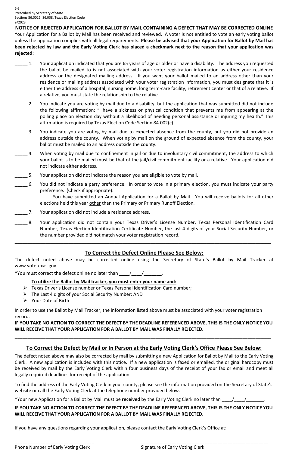 Form 6-3 Notice of Rejected Application for Ballot by Mail Containing a Defect That May Be Corrected Online - Texas (English / Spanish), Page 1