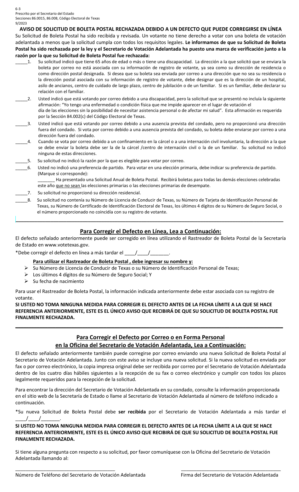 Form 6-3 Notice of Rejected Application for Ballot by Mail Containing a Defect That May Be Corrected Online - Texas (English / Spanish), Page 2