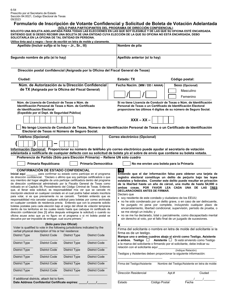 Formulario 6-54 Formulario De Inscripcion De Votante Confidencial Y Solicitud De Boleta De Votacion Adelantada - Texas (Spanish), Page 1