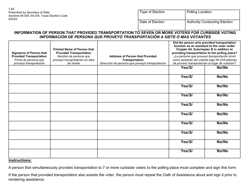 Form 7-65  Printable Pdf