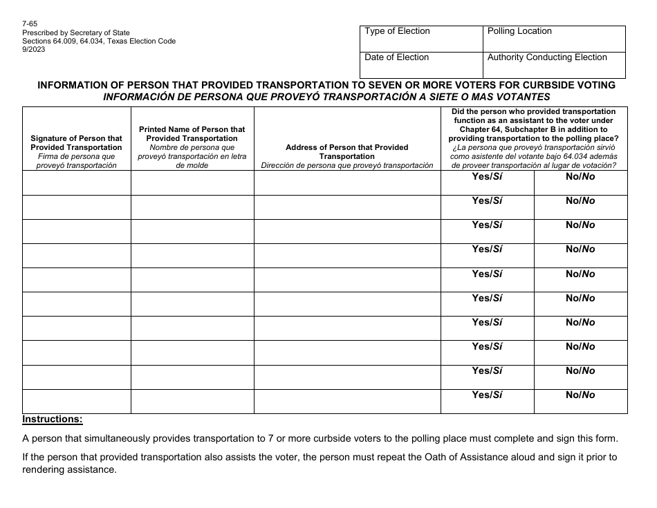 Form 7-65 Information of Person That Provided Transportation to Seven or More Voters for Curbside Voting - Texas (English / Spanish), Page 1