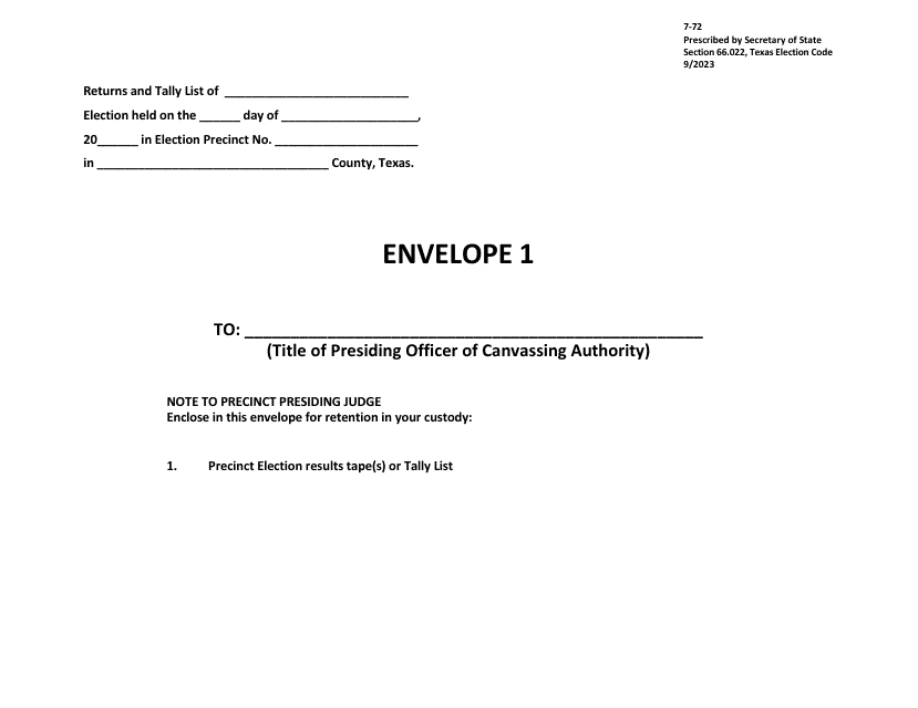 Form 7-72 Envelope No. 1 - Texas