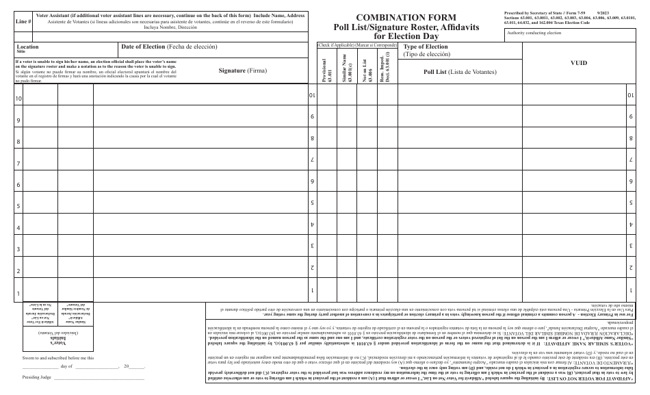 Form 7-59 Combination Form - Poll List / Signature Roster, Affidavits for Election Day - Texas, Page 1