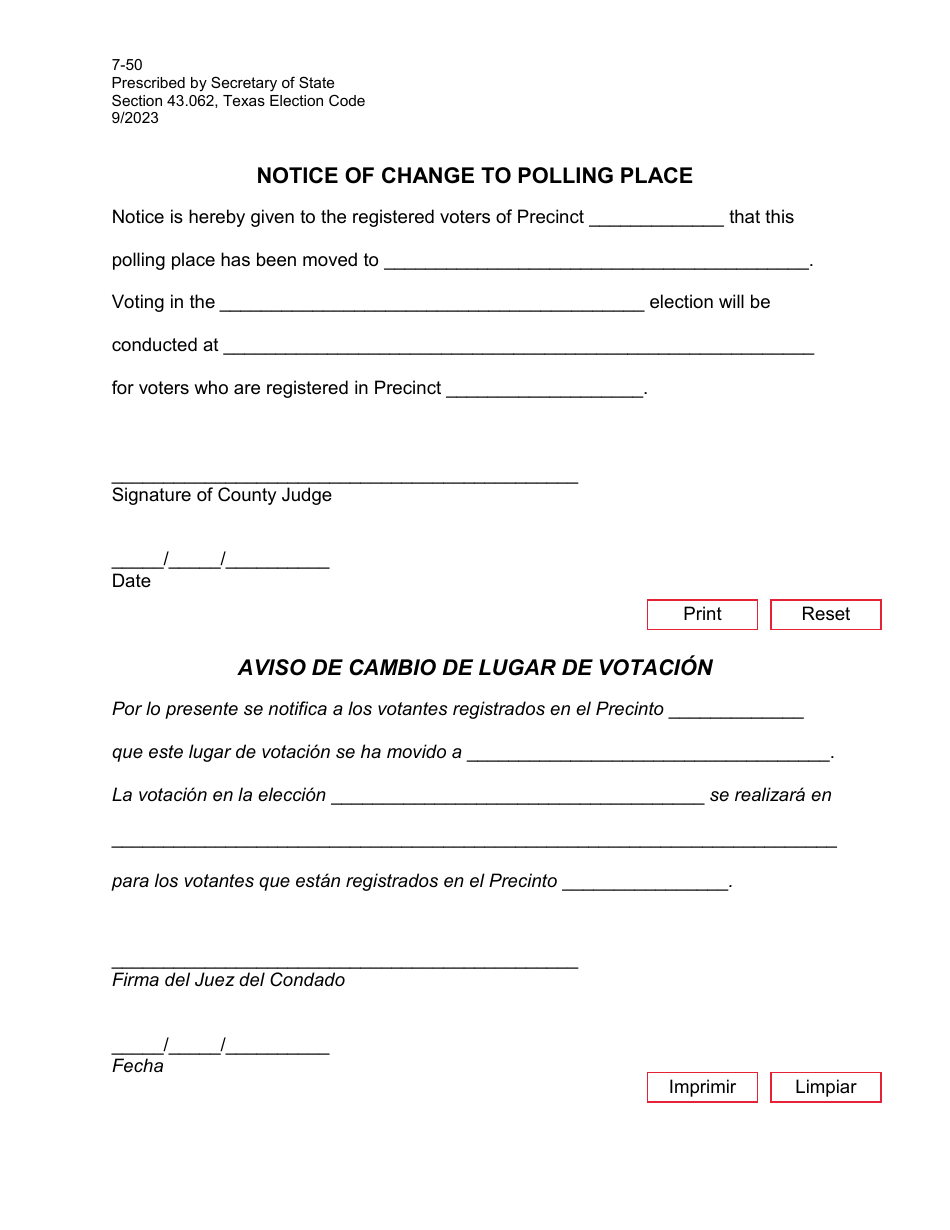 Form 7-50 Notice of Change to Polling Place - Texas (English / Spanish), Page 1