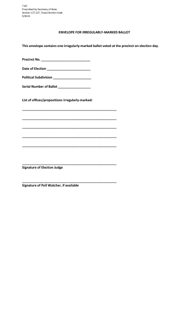 Form 7-82 Envelope for Irregularly-Marked Ballot - Texas