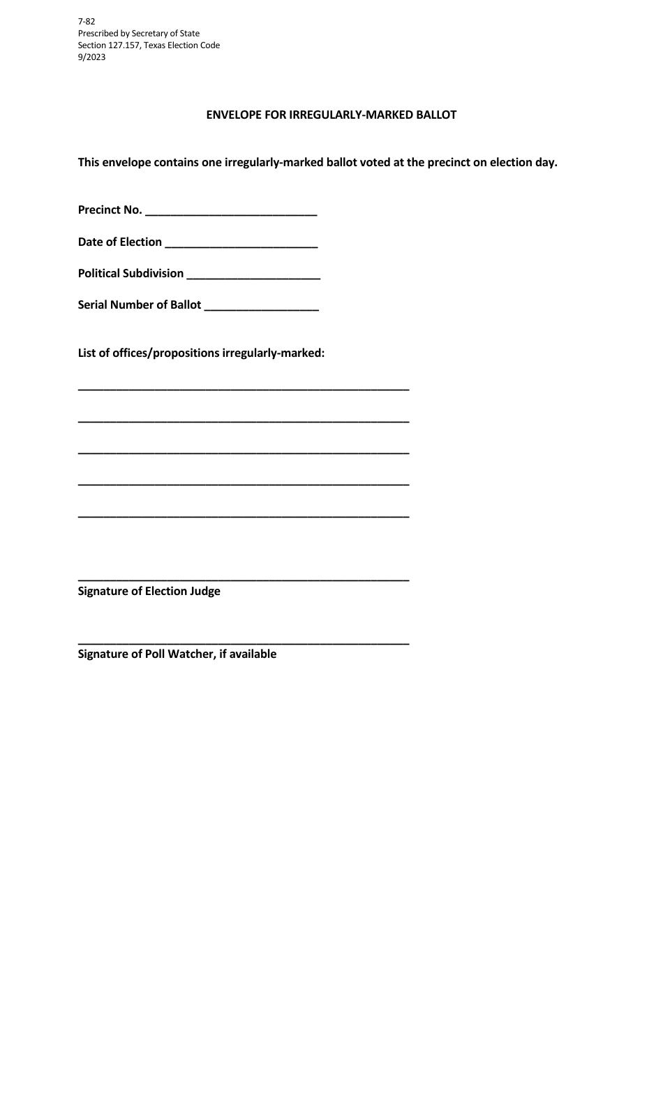 Form 7-82 Envelope for Irregularly-Marked Ballot - Texas, Page 1