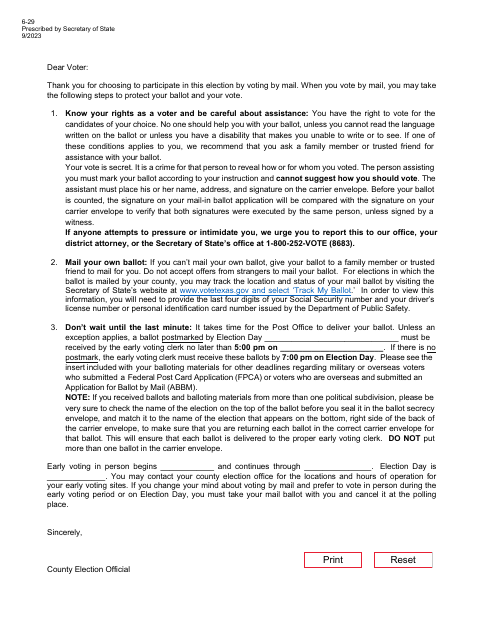 Form 6-29 Dear Voter Letter - Texas (English/Spanish)