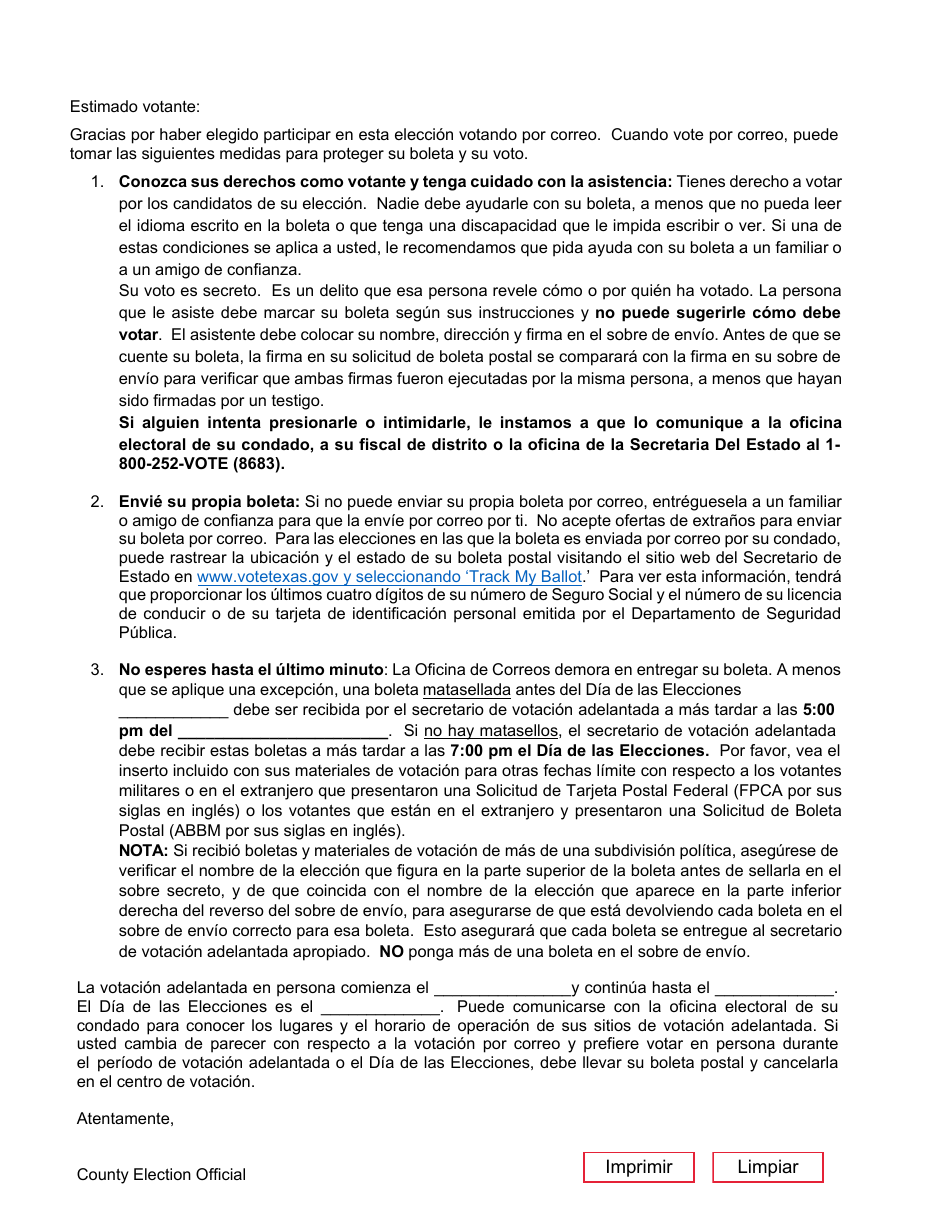 Form 6-29 Dear Voter Letter - Texas (English / Spanish), Page 2