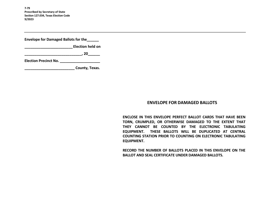 Form 7-79 Envelope for Damaged Ballots - Texas, Page 1