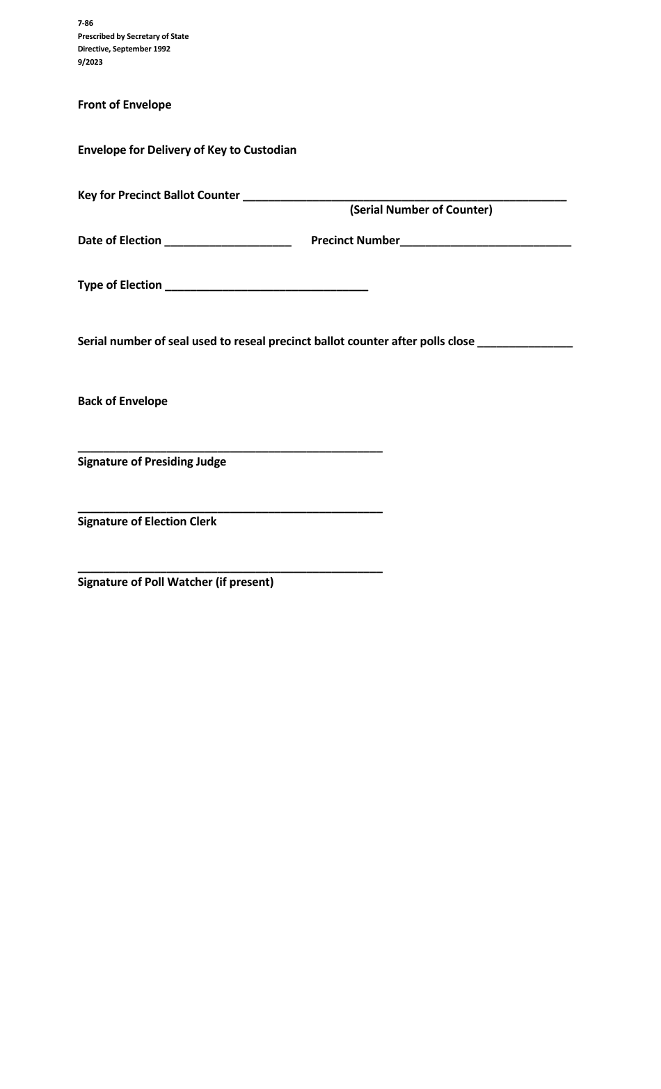 Form 7-86 Envelope for Delivery of Key to Custodian - Texas, Page 1