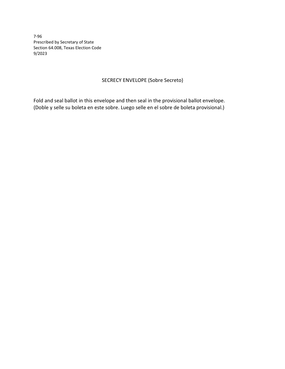 Form 7-96 Secrecy Envelope - Texas (English / Spanish), Page 1