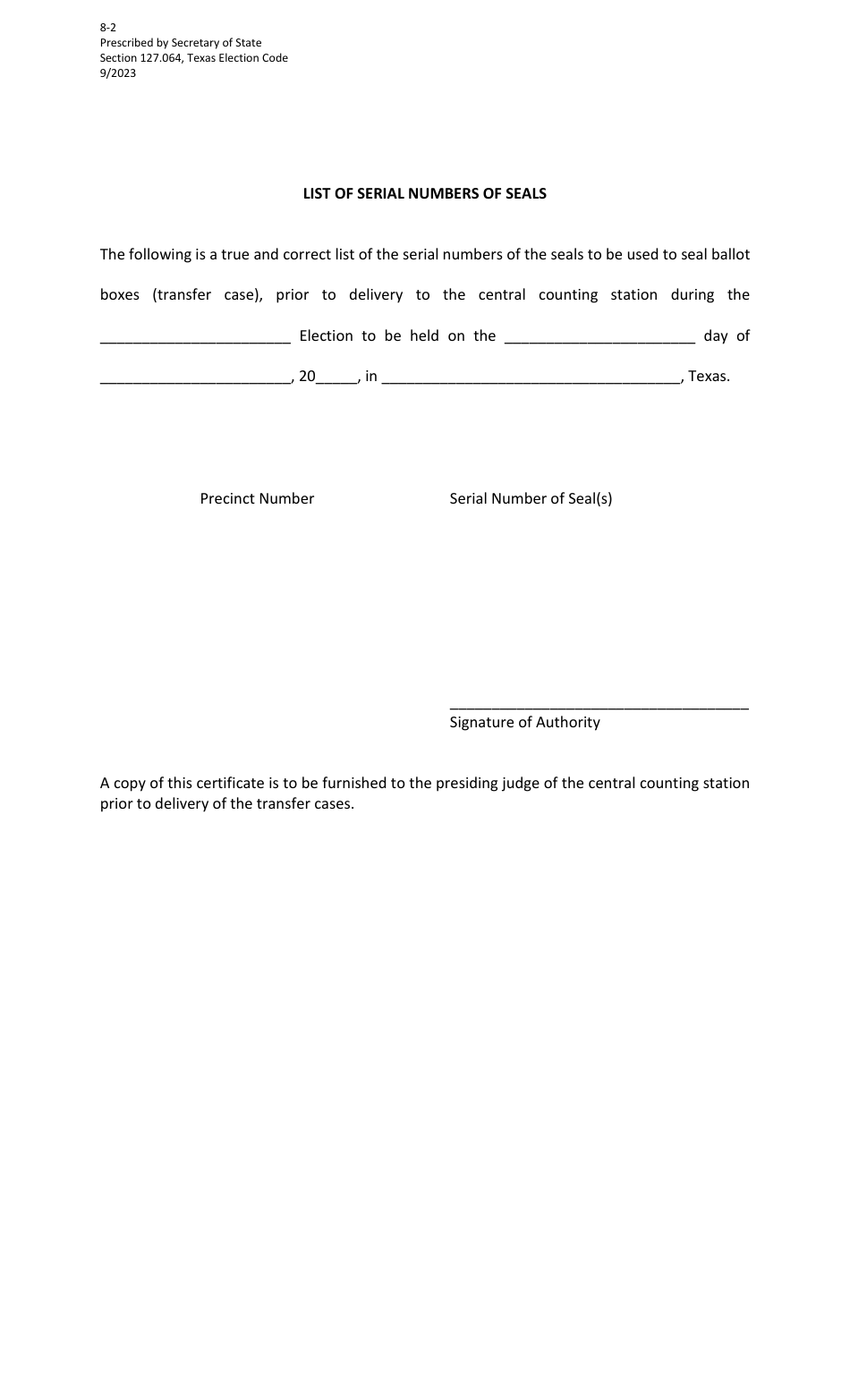 Form 8-2 List of Serial Numbers of Seals - Texas, Page 1