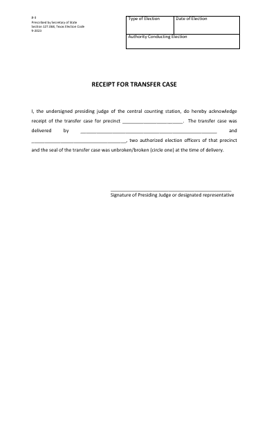 Form 8-3 Receipt for Transfer Case - Texas